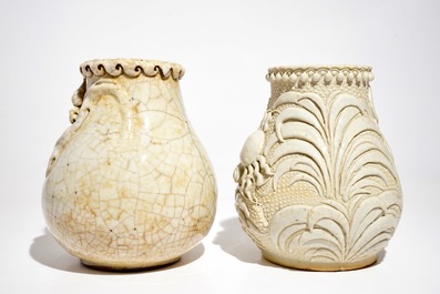 Two Chinese Nanking crackle-glazed hu vases with crabs and mythical beasts, 19th C.